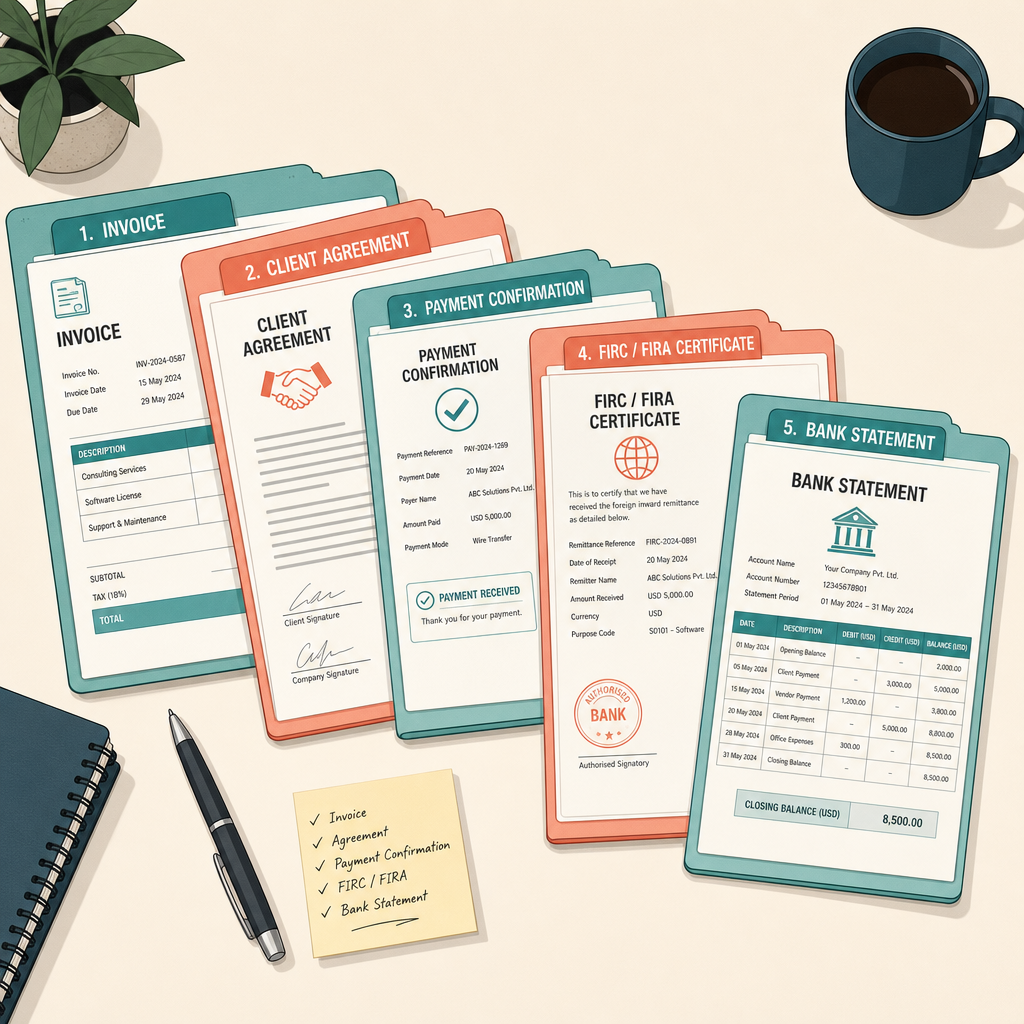 The five-document stack: invoice, contract, payment confirmation, FIRC/FIRA, bank statement