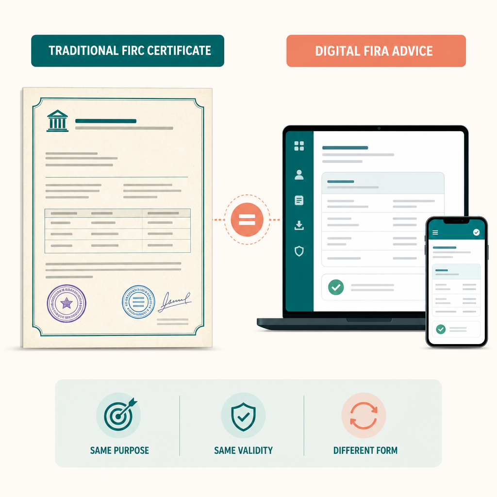 FIRC certificate next to a FIRA digital advice — same purpose, different form