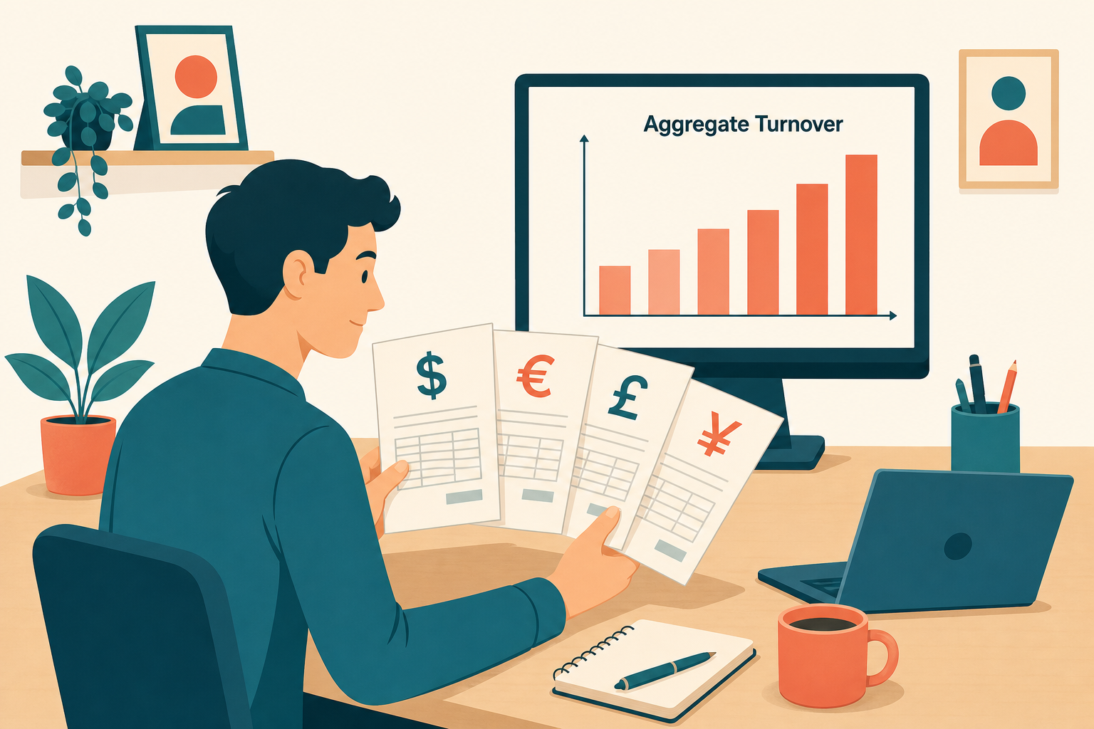 Freelancer reviewing invoices in multiple currencies against an aggregate-turnover chart