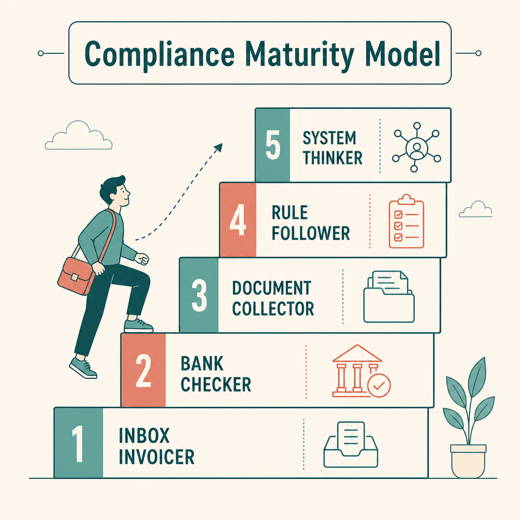 Compliance Maturity Model — five levels from Inbox Invoicer to System Thinker